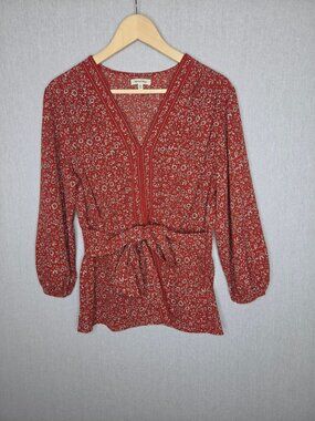 💙 Max Studio Red Floral Boho Blouse Size L Tie Waist V Neck Stretch Long Sleeve